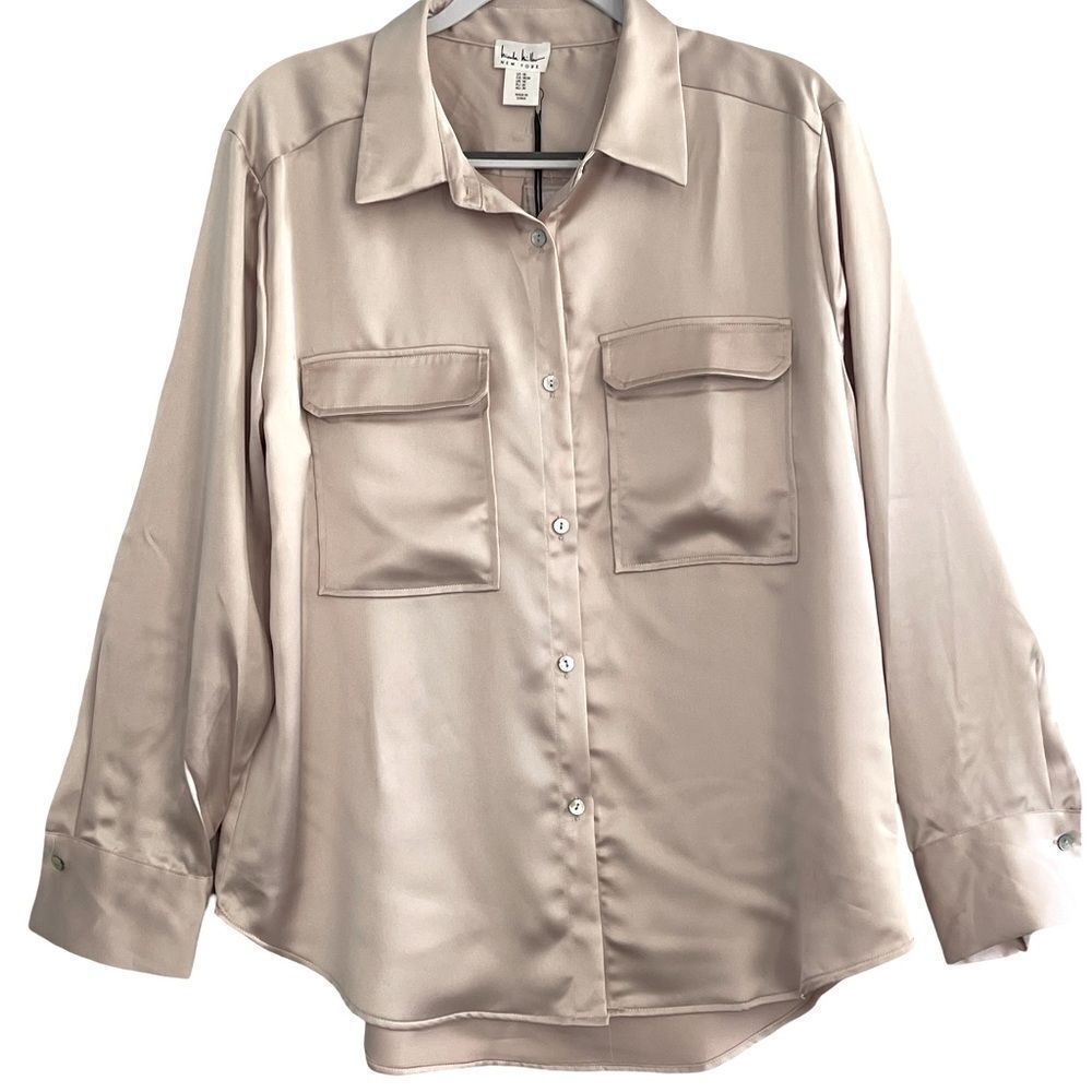 Nicole Miller Satin long sleeve Shirt with flap pockets on Chest SZ:Med Taupe - Picture 2 of 10